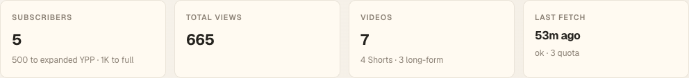 Top stat grid: subscribers, total views, video count, last fetch time