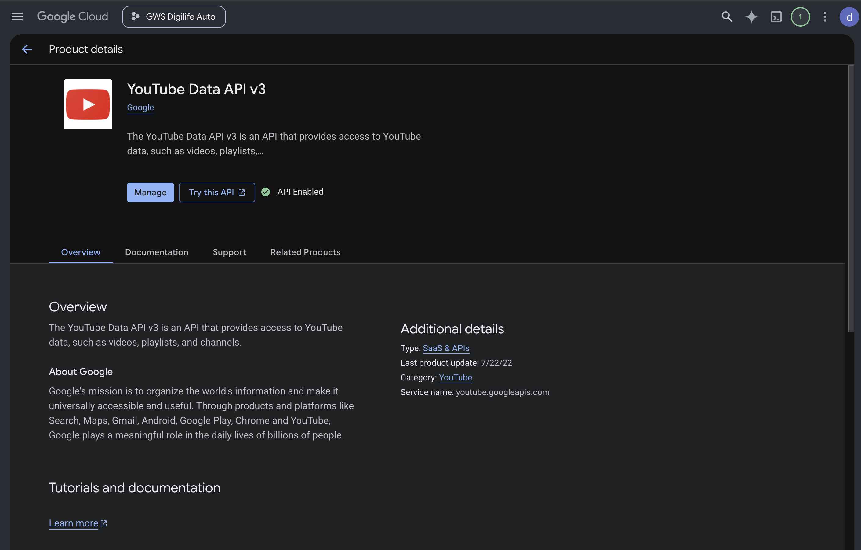 Google Cloud Console showing the YouTube Data API v3 product details page with an API Enabled badge