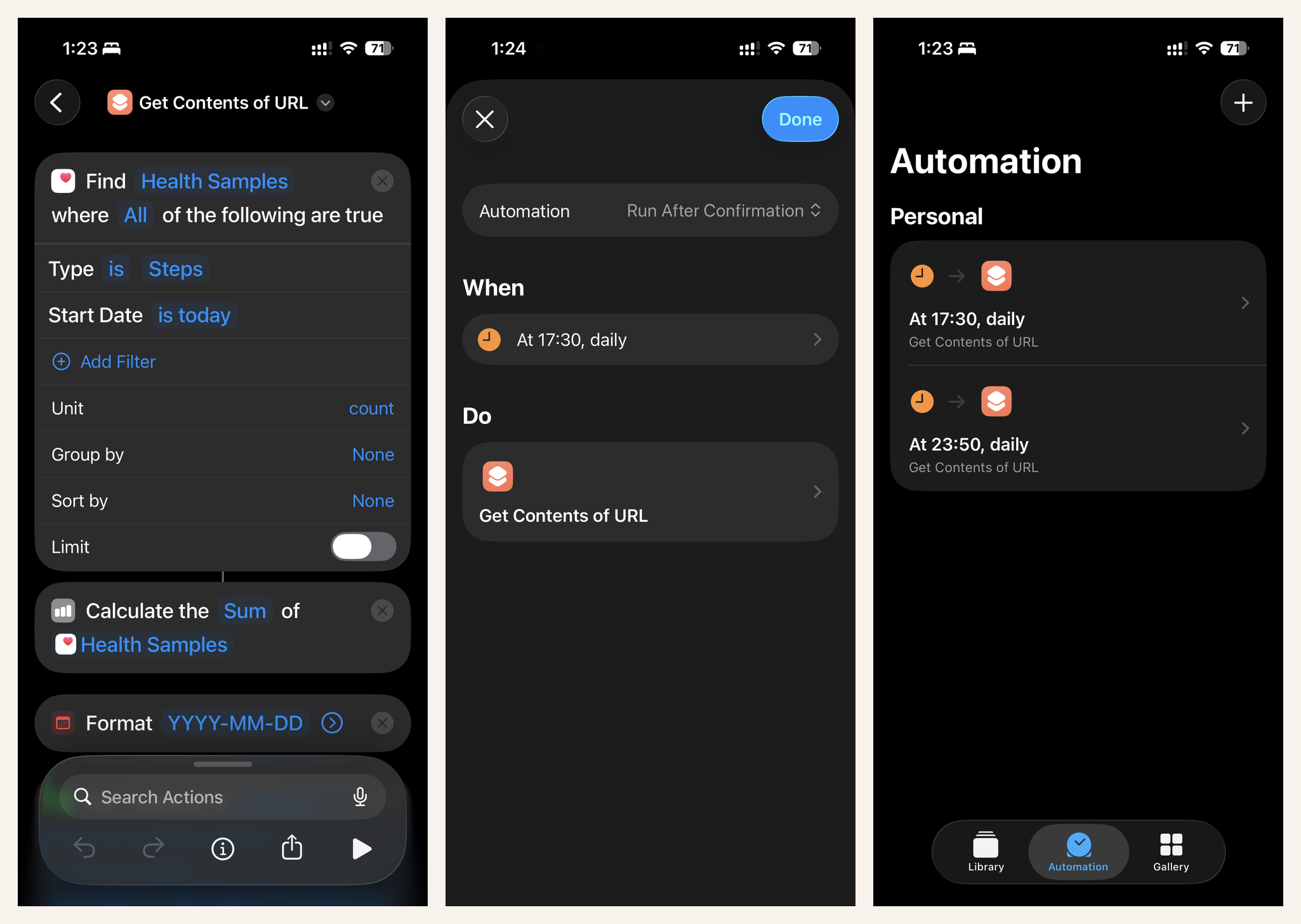 Three iPhone screenshots side by side: the Shortcuts actions (Find Health Samples, Calculate Sum, Get Contents of URL), the time-of-day automation config, and the automations list showing two daily runs