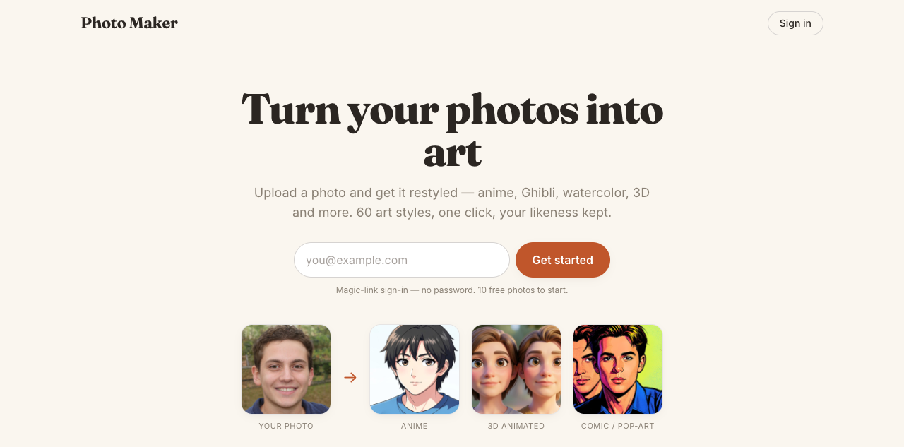 Photo Maker landing page: headline 'Turn your photos into art', an email sign-in form, and a row of sample images showing one photo restyled as anime, 3D animated and comic pop-art